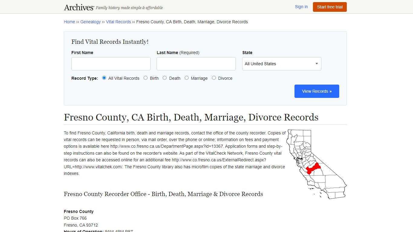 Fresno County, CA Birth, Death, Marriage, Divorce Records